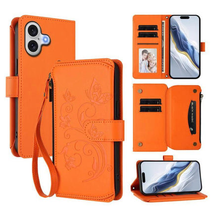 Wallet Phone Case for iPhone With Card Slots in orange faux leather with zipper pocket, wrist strap, multiple card slots and kickstand
