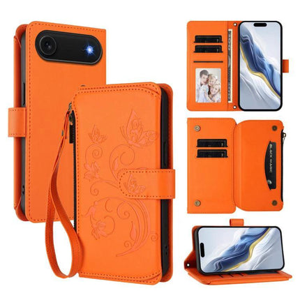 Wallet Phone Case for iPhone With Card Slots orange floral zip wallet with wrist strap, multiple card slots, ID window and stand feature