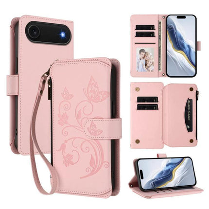 Wallet Phone Case for iPhone With Card Slots - pink zippered wallet case with butterfly design, wrist strap, multiple card slots and stand function