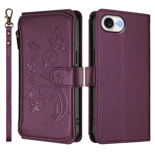 Leather Phone Case With Wallet For Everyday Use - purple PU leather folio with card slots, wrist strap, floral embossing, TPU shock-absorbing interior