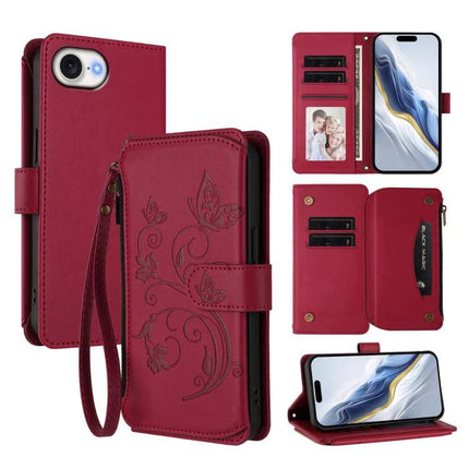 Leather Phone Case With Wallet For Everyday Use - red PU leather folio with wrist strap, card slots, ID window, zipper coin pocket and TPU phone shell
