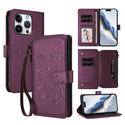 Leather Wallet Phone Case With Card Slots - purple PU leather wallet case with zipper pocket, card slots, wrist strap and built-in stand