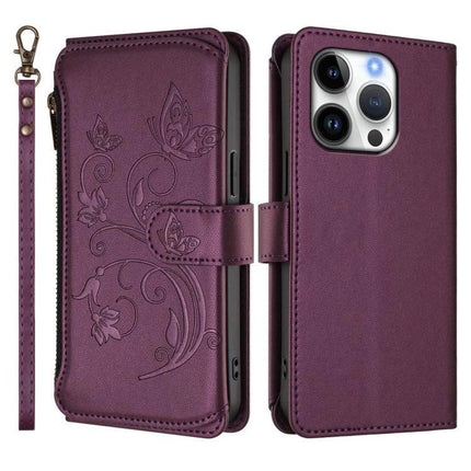 Leather Wallet Phone Case With Card Slots in purple PU leather with embossed butterfly design, zipper pocket, card slots and wrist strap