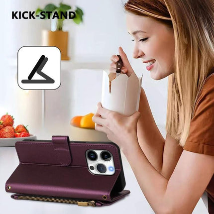 Leather Wallet Phone Case With Card Slots in purple PU leather with zipper compartment and kick-stand for hands-free viewing