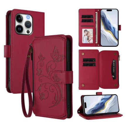 Leather Wallet Phone Case With Card Slots red PU leather floral design with wrist strap, zipper pocket, card slots and built-in stand