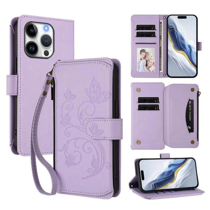 Leather Wallet Phone Case With Card Slots purple PU leather wrist strap, zipper pocket, card slots, built-in stand and TPU shell