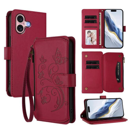 Leather Wallet Phone Case With Card Slots in red PU leather, embossed floral design, zipper pocket, card slots, wrist strap, built-in stand