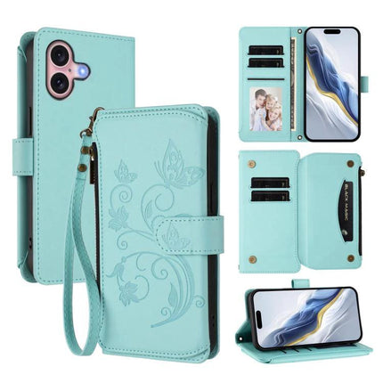 Leather Wallet Phone Case With Card Slots in mint PU leather with zipper pocket, card slots, wrist strap and built-in stand