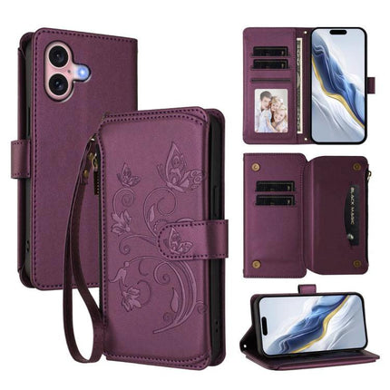 Leather Wallet Phone Case With Card Slots purple floral PU leather wallet case with zipper pocket, card slots, wrist strap, and built-in stand