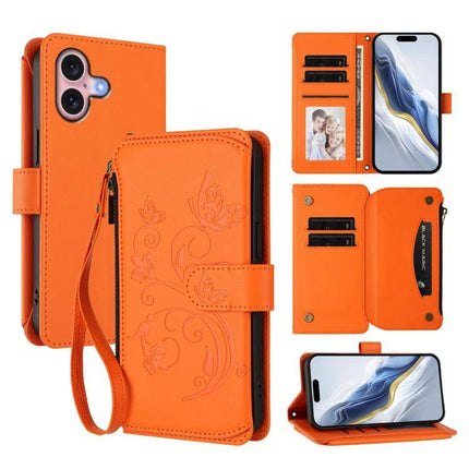 Leather Wallet Phone Case With Card Slots in orange PU leather with zipper pocket, card slots, wrist strap and built-in stand