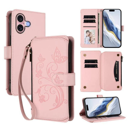 Leather Wallet Phone Case With Card Slots - pink PU leather phone wallet with card slots, zipper pocket, wrist strap and built-in stand