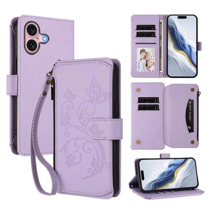 Leather Wallet Phone Case With Card Slots in lavender PU leather with zipper compartment, card slots, wrist strap and built-in stand