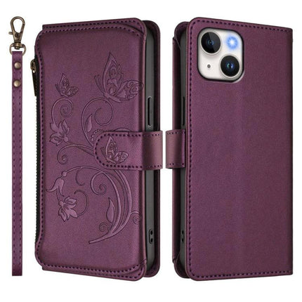 Leather Phone Case With Card Slots - purple PU leather wallet case with embossed butterfly design, wrist strap and magnetic closure
