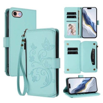 Phone Case With Wallet For Everyday Essentials On The Go - turquoise PU TPU wallet phone case with card slots, wrist strap, floral embossing, kickstand