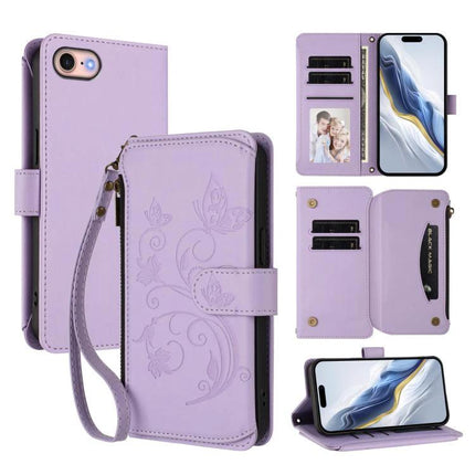 Phone Case With Wallet For Everyday Essentials On The Go - lilac PU TPU folio with card slots, wrist strap and floral embossing
