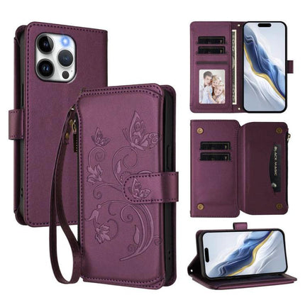 Leather Wallet Phone Case With Card Storage - purple folio PU leather case with zipper pocket, wrist strap, multiple card slots and phone stand