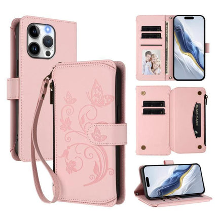 Leather Wallet Phone Case With Card Storage - pink floral PU wallet case with multiple card slots, zipper pocket and wrist strap