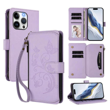 Leather Wallet Phone Case With Card Storage - lavender PU wrist strap folio with zipper coin pocket and multiple card slots