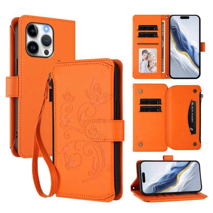 Leather Wallet Phone Case With Card Storage in orange PU with zipper compartment, wrist strap and multiple card slots