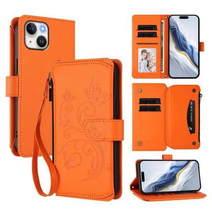 Leather Wallet Phone Case With Card Storage in orange PU leather with zipper pocket, multiple card slots and wrist strap