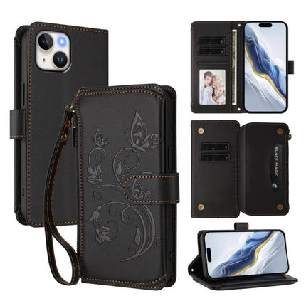 Leather Wallet Phone Case With Card Storage - black PU leather zipper wristlet with floral embossing, card slots and phone stand