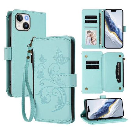 Leather Wallet Phone Case With Card Storage - teal PU wallet case with zipper, wrist strap, card slots and butterfly embossing
