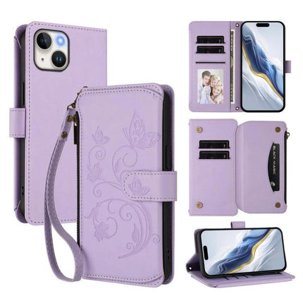 Leather Wallet Phone Case With Card Storage - purple PU leather folio with zipper pocket, wrist strap, multiple card slots and phone stand