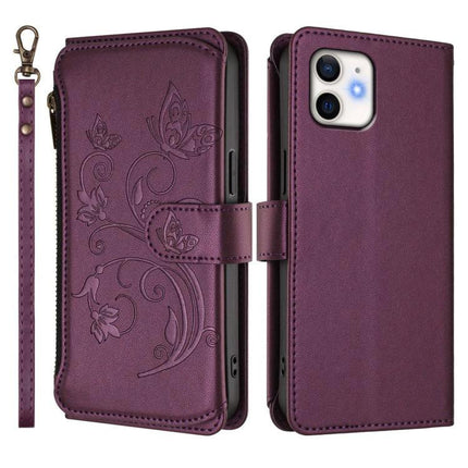 Wallet Phone Case With Card Slots For Daily Essentials in purple PU leather wallet with floral embossing, zipper pocket and wrist strap