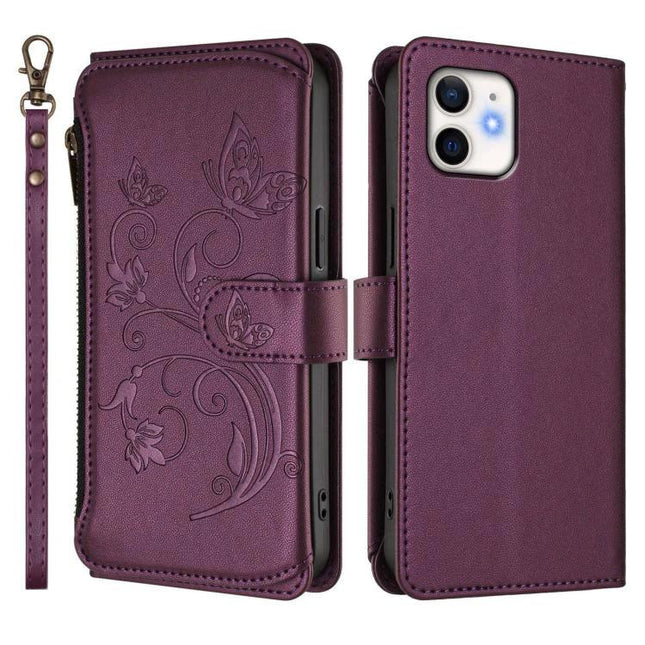 Wallet Phone Case With Card Slots For Daily Essentials in purple PU leather wallet with floral embossing, zipper pocket and wrist strap