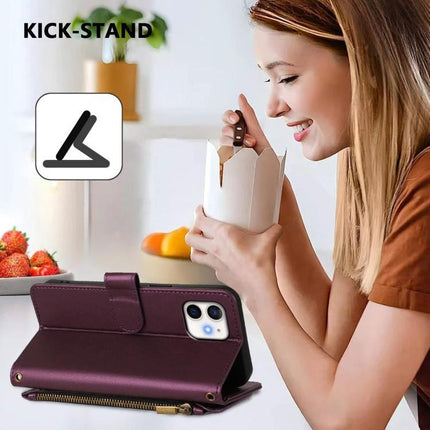 Wallet Phone Case With Card Slots For Daily Essentials shown as purple zippered folio with kick-stand holding phone while woman eats