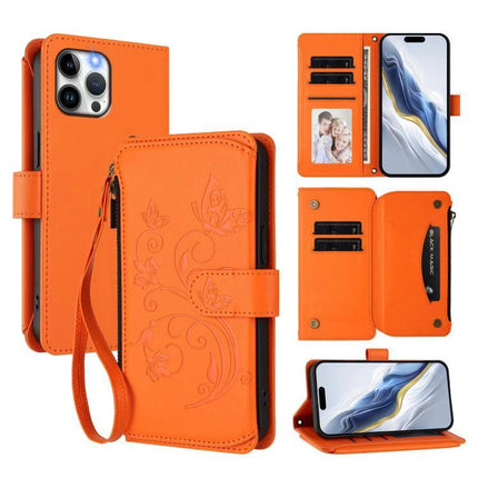 Wallet Phone Case With Card Slots For Daily Essentials in orange PU leather with zipper pocket, card slots, wrist strap and phone stand