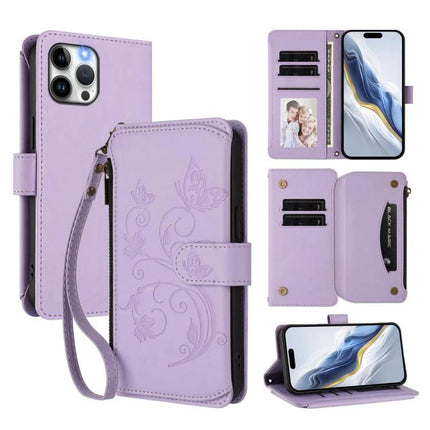 Wallet Phone Case With Card Slots For Daily Essentials - purple PU/TPU wallet with zipper compartment, wrist strap, multiple card slots and phone stand