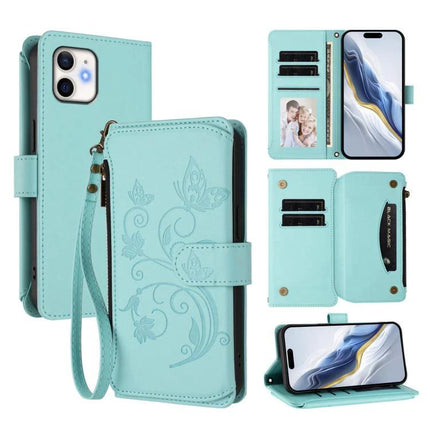 Wallet Phone Case With Card Slots For Daily Essentials in mint PU with zipper pocket, wrist strap and multiple card slots