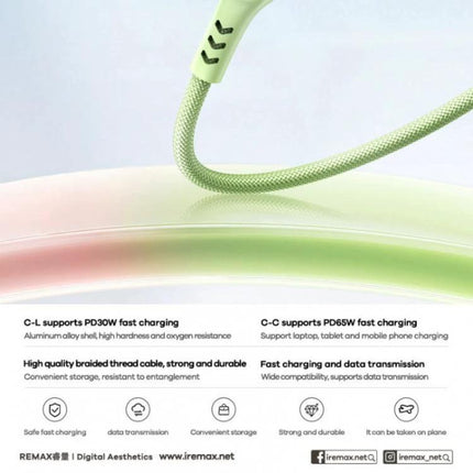 REMAX Charging Cable for Everyday Device Connections – durable braided fast-charging cable for smartphone data transfer and daily use (green)