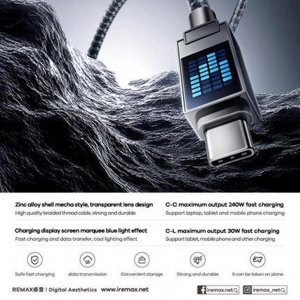 Remax Cable for Daily Device Charging On the Go - durable zinc alloy braided USB-C cable with charging display for travel and commuting