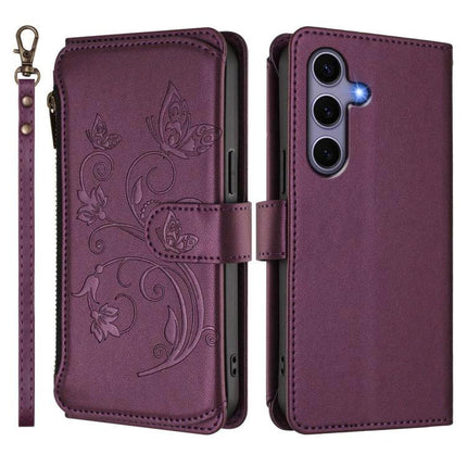 Wallet-Style Samsung Phone Case With Card Slots purple floral wallet case with wrist strap, multiple card slots and magnetic closure