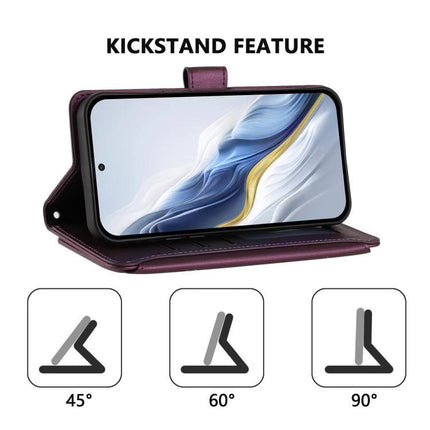 Wallet-Style Samsung Phone Case With Card Slots shown in purple with kickstand feature and multiple viewing angles (45°, 60°, 90°)
