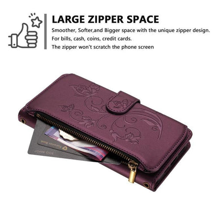 Wallet-Style Samsung Phone Case With Card Slots purple wallet case with zipper pocket and embossed floral design holding cards