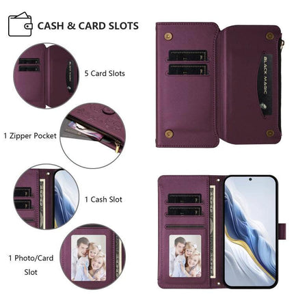Wallet-Style Samsung Phone Case With Card Slots showing purple wallet case with 5 card slots, zipper pocket, cash and photo slot