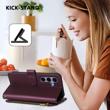 Wallet-Style Samsung Phone Case With Card Slots shown in purple with kickstand, zipper pocket and hands-free viewing while dining