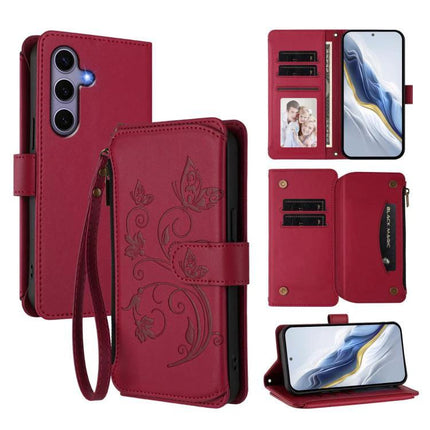 Wallet-Style Samsung Phone Case With Card Slots in red floral wallet design with wrist strap, card slots, zipper pocket and kickstand