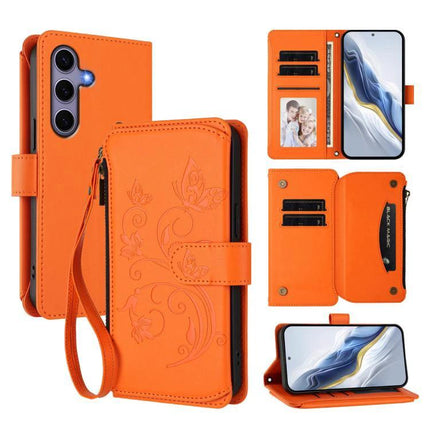 Wallet-Style Samsung Phone Case With Card Slots orange floral wristlet wallet case showing card slots, phone stand and zipper pocket