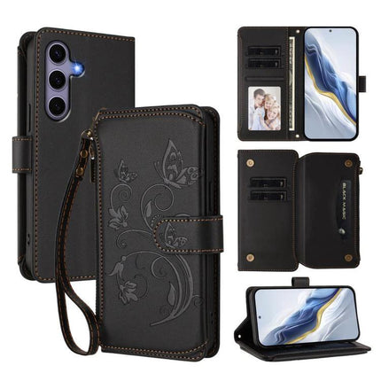 Wallet-Style Samsung Phone Case With Card Slots - black floral wristlet wallet case with multiple card slots and kickstand