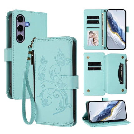 Wallet-Style Samsung Phone Case With Card Slots in teal floral wallet design with wrist strap, multiple card slots, cash pocket and stand feature