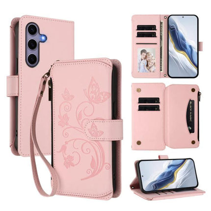 Wallet-Style Samsung Phone Case With Card Slots in pink wallet-style folio with butterfly embossing, wrist strap and multiple card slots