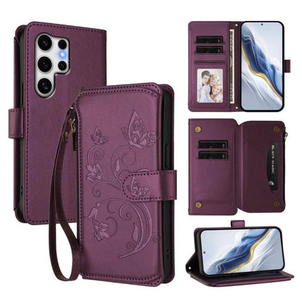 Wallet-Style Samsung Phone Case With Card Slots in purple floral wallet with wrist strap, card slots, zip pocket, and hands-free stand