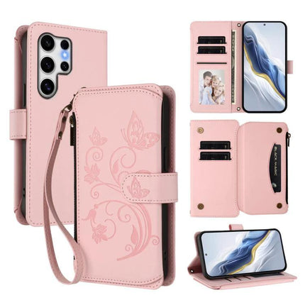Wallet-Style Samsung Phone Case With Card Slots in pink floral wristlet wallet showing card slots, cash pocket and kickstand