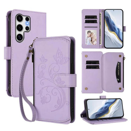 Wallet-Style Samsung Phone Case With Card Slots lavender wallet phone case with embossed butterfly design, wrist strap and multiple card slots