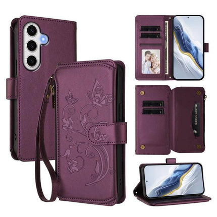 Wallet-Style Samsung Phone Case With Card Slots in purple wallet folio with floral embossing, wrist strap, multiple card slots and phone stand