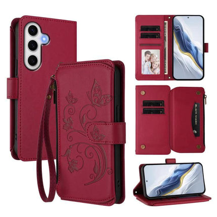 Wallet-Style Samsung Phone Case With Card Slots - red floral wallet case with wrist strap, multiple card slots, zipper pocket and kickstand